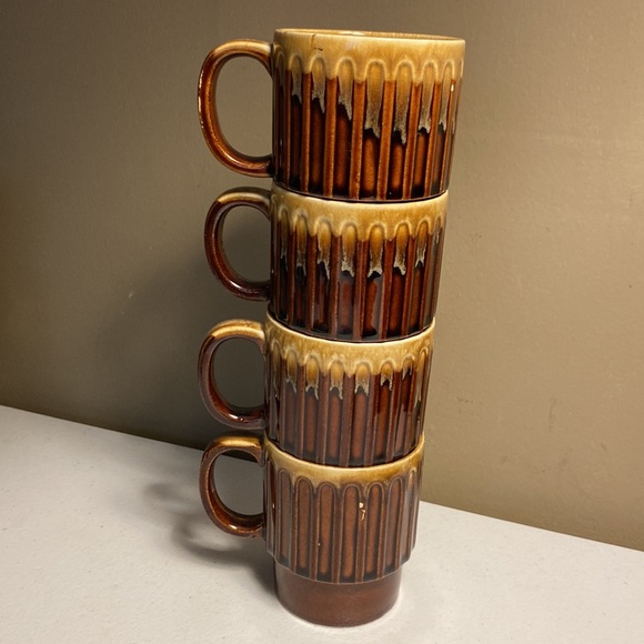 Vintage Brown Drip Glaze Stackable Mugs Set of 4 - Picture 6 of 11